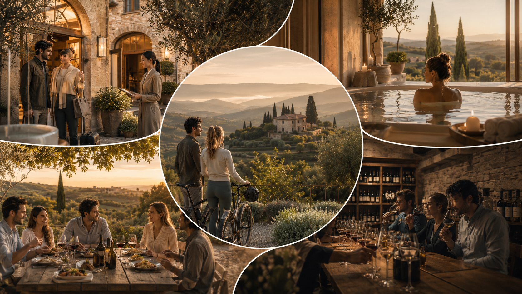 Collage delle cinque aree WellCAM: accoglienza in hotel, cicloturismo nel paesaggio italiano, wellness in piscina, degustazione beverage e pranzo conviviale all'aperto